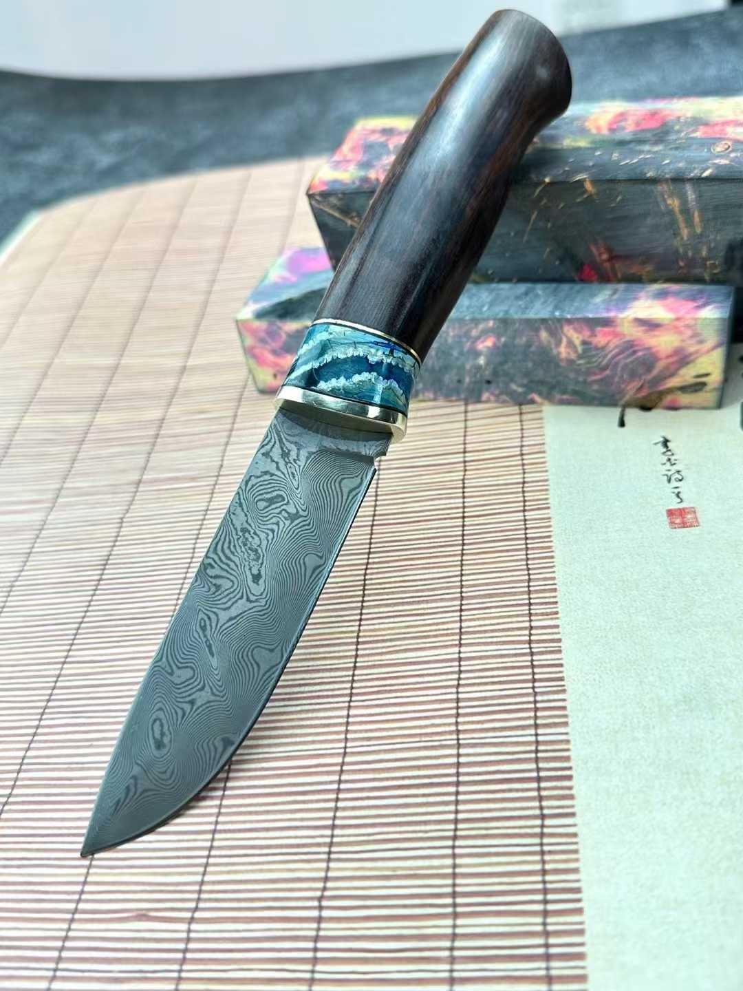 Outdoor Fruit Knife VG10 Damascus Blade Desert Ironwood Mammoth Tooth Fossil Combination Handle