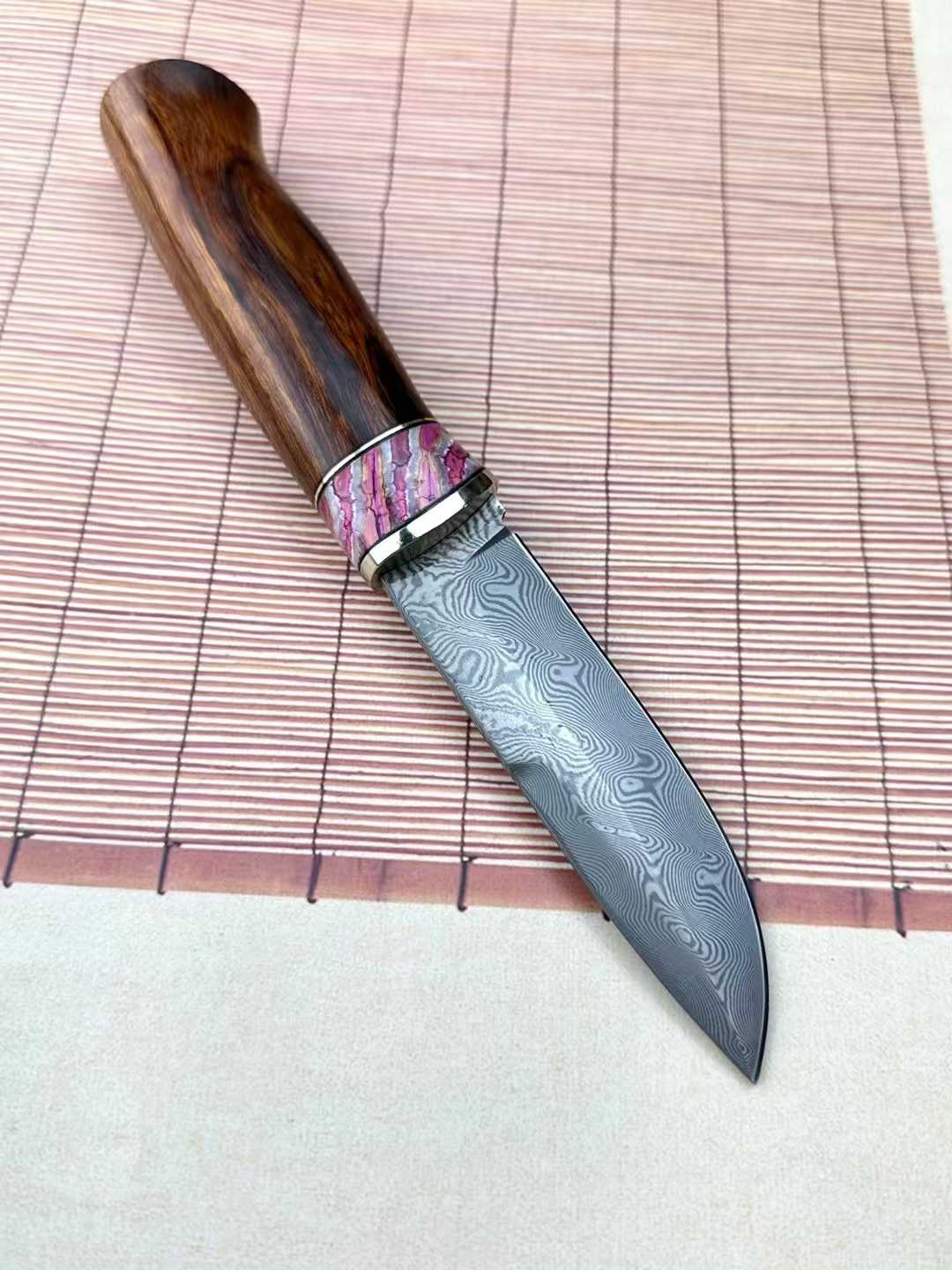 Outdoor Fruit Knife VG10 Damascus Blade Desert Ironwood Mammoth Tooth Fossil Combination Handle