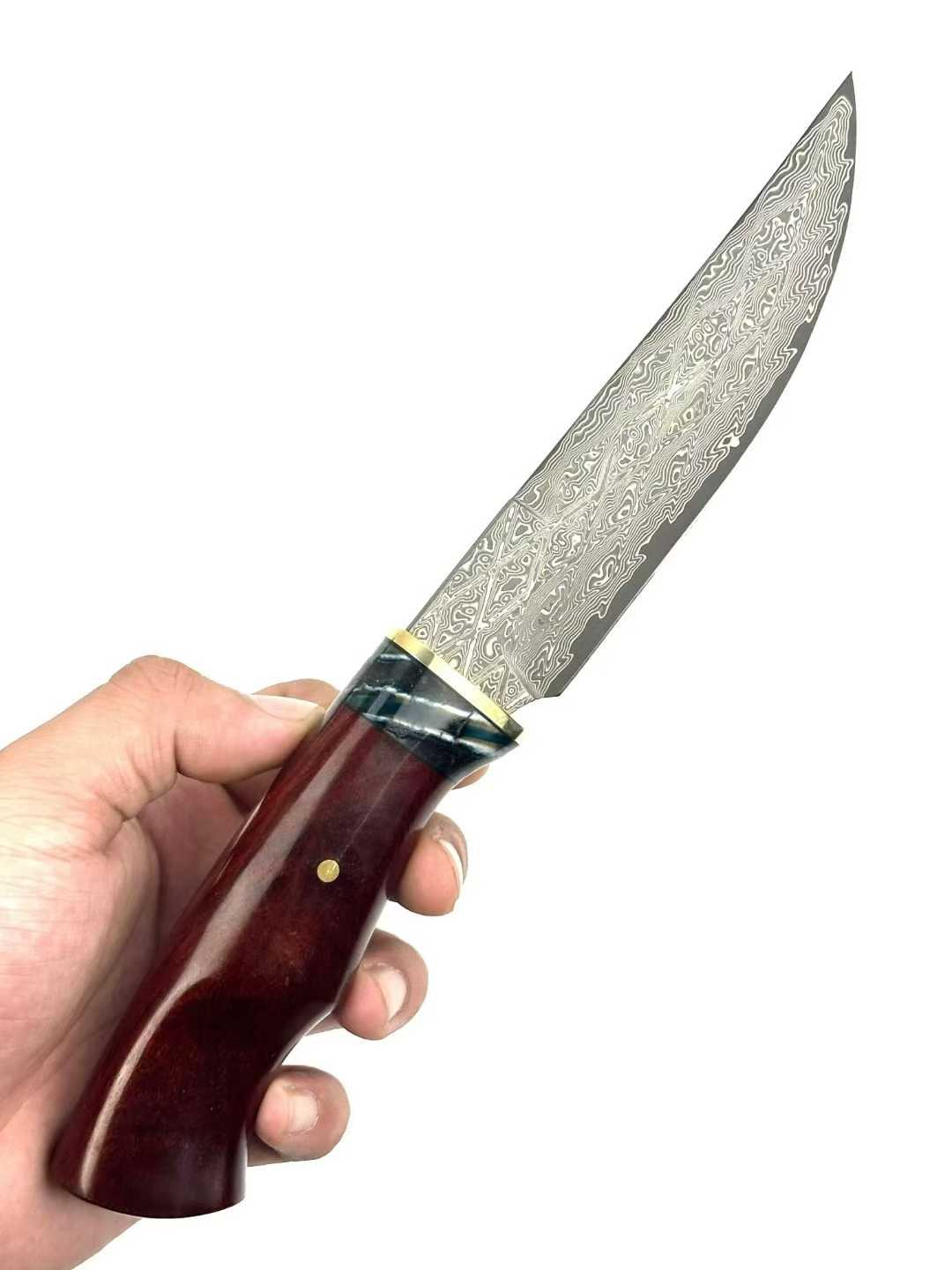 Outdoor Fruit Knife Damascus Padauk Wood Mammoth Tooth-like Pattern Combination Handle + Hand-Stitched Intricate Carvings Leather Sheath.
