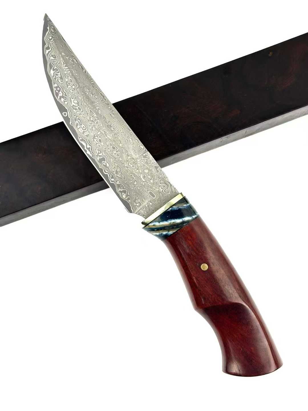 Outdoor Fruit Knife Damascus Padauk Wood Mammoth Tooth-like Pattern Combination Handle + Hand-Stitched Intricate Carvings Leather Sheath.