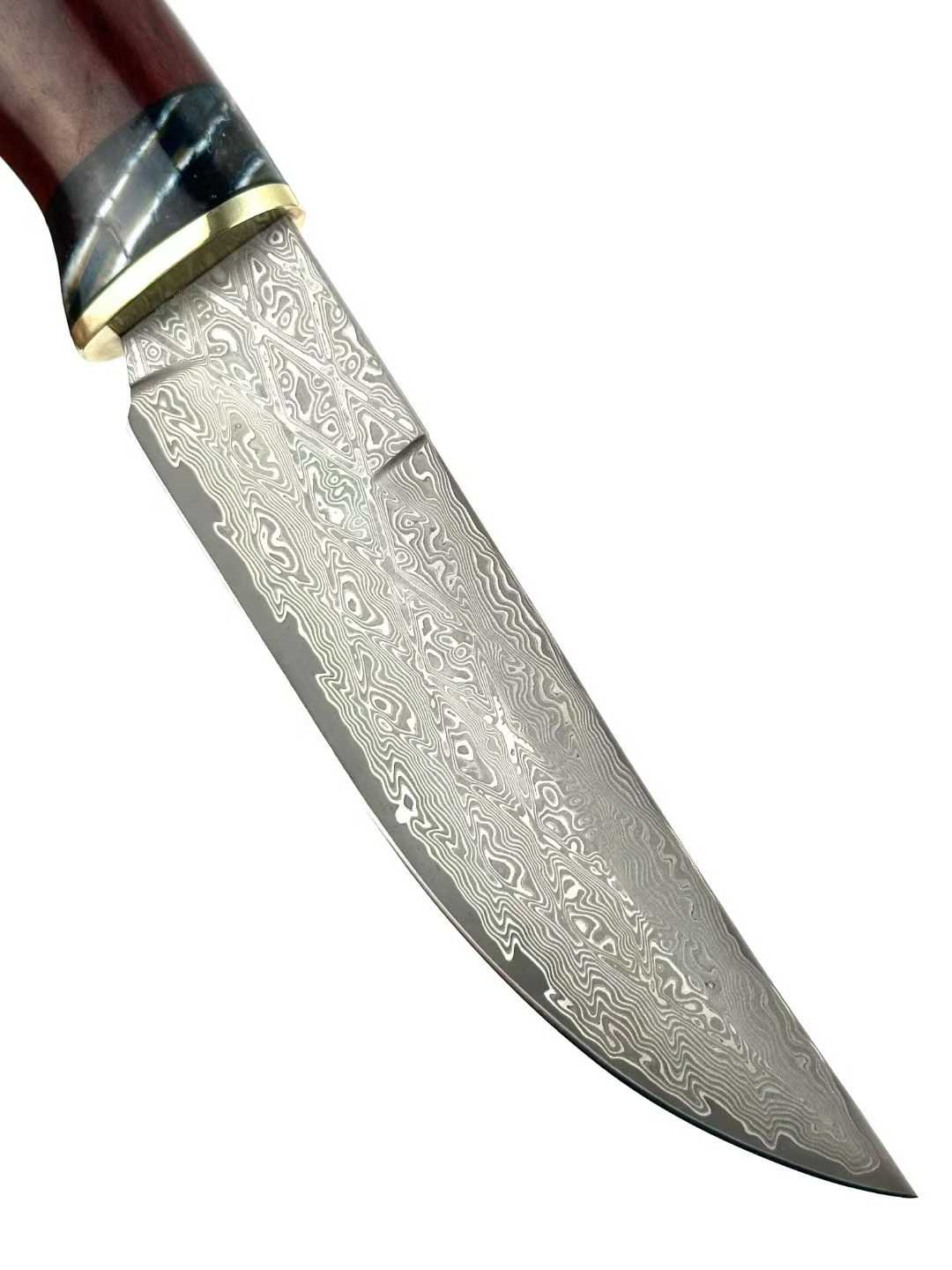 Outdoor Fruit Knife Damascus Padauk Wood Mammoth Tooth-like Pattern Combination Handle + Hand-Stitched Intricate Carvings Leather Sheath.