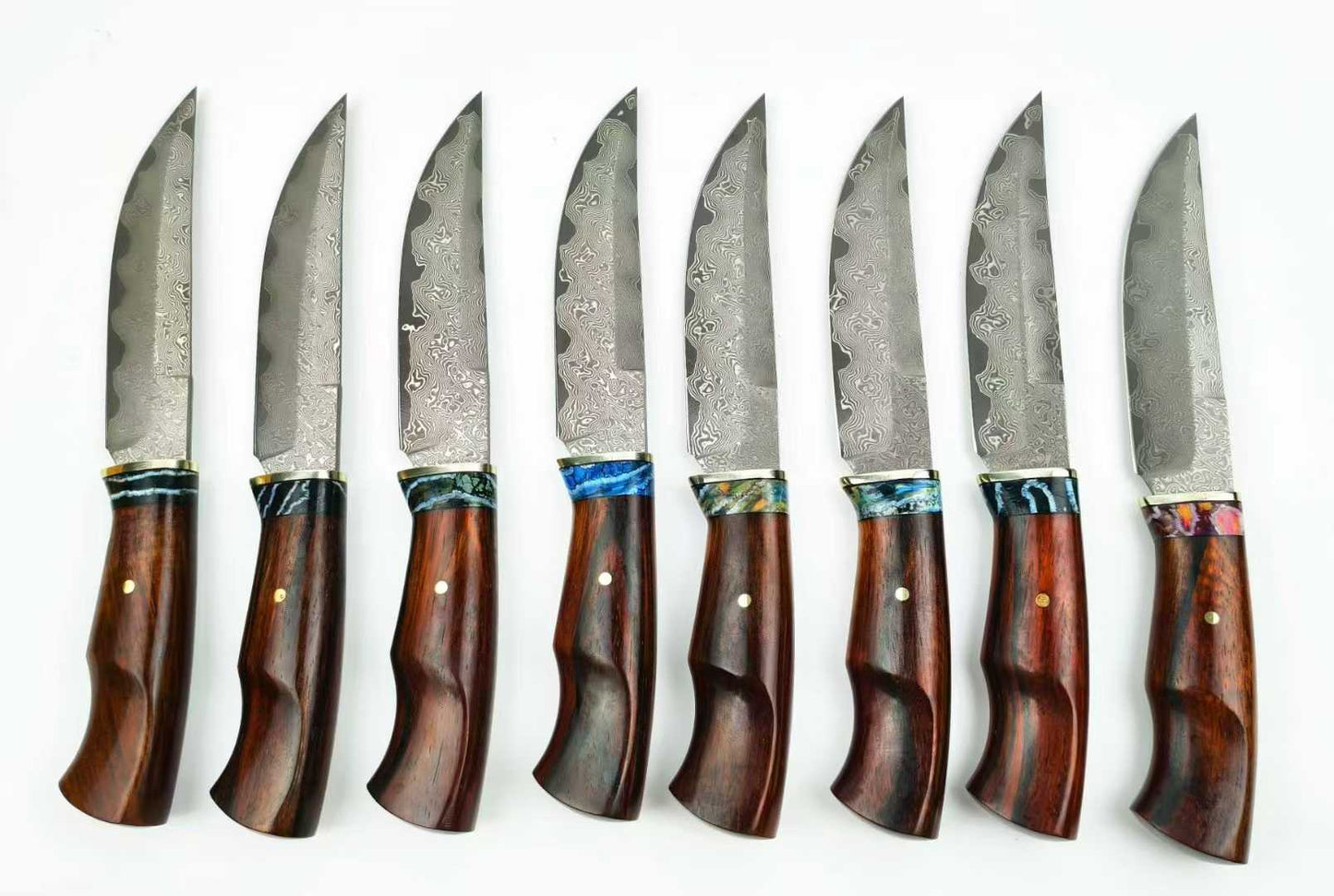 Outdoor Fruit Knife Damascus Padauk Wood Mammoth Tooth-like Pattern Combination Handle + Hand-Stitched Intricate Carvings Leather Sheath.