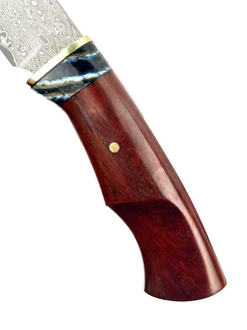 Outdoor Fruit Knife Damascus Padauk Wood Mammoth Tooth-like Pattern Combination Handle + Hand-Stitched Intricate Carvings Leather Sheath.