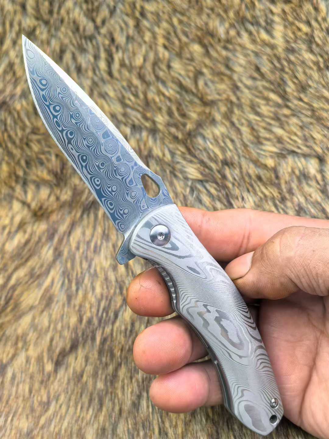 Titanium Rose Pattern Folding Knife Intricately Carved Spine Meticulously Polished Handle Combination