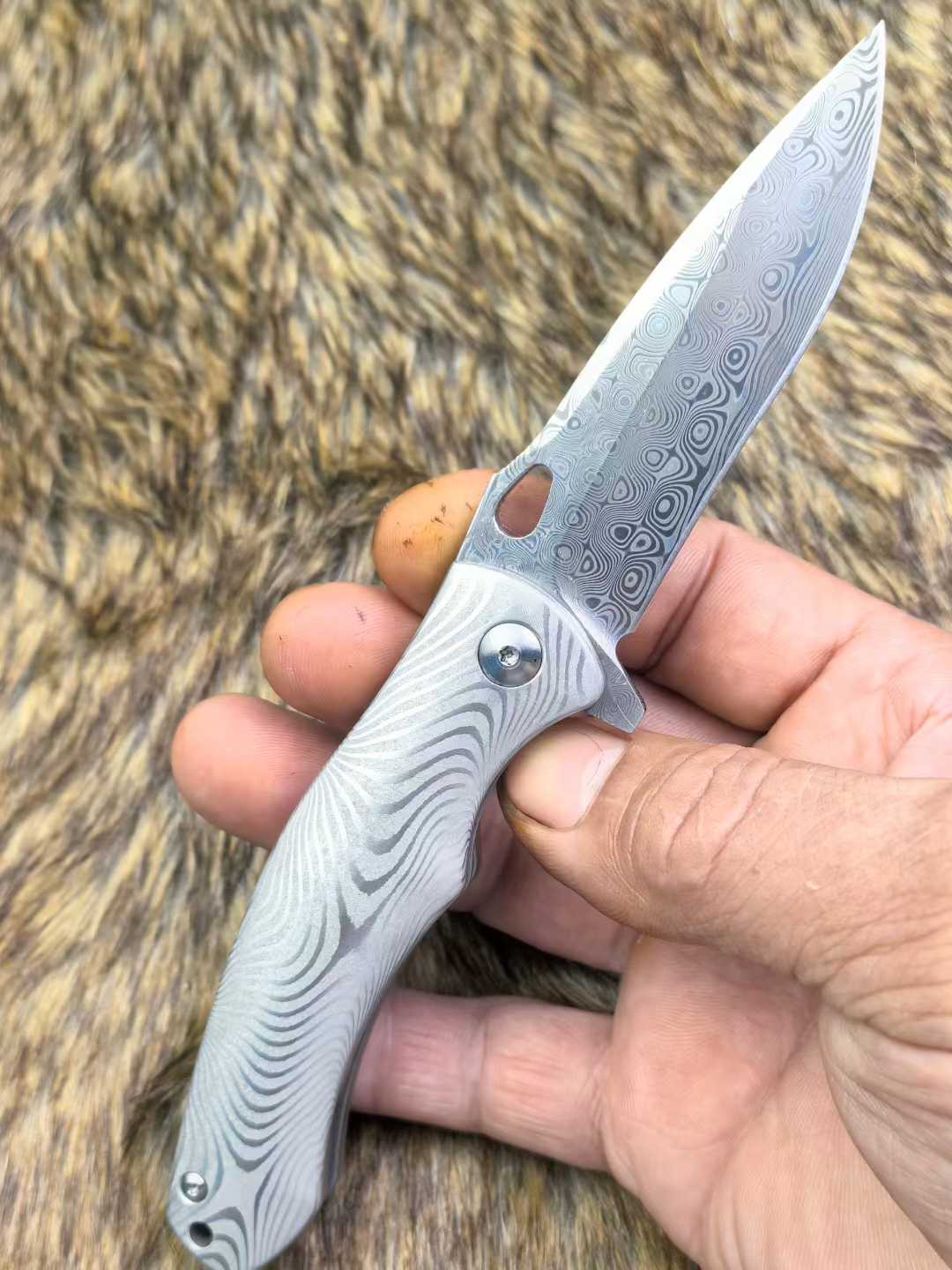 Titanium Rose Pattern Folding Knife Intricately Carved Spine Meticulously Polished Handle Combination