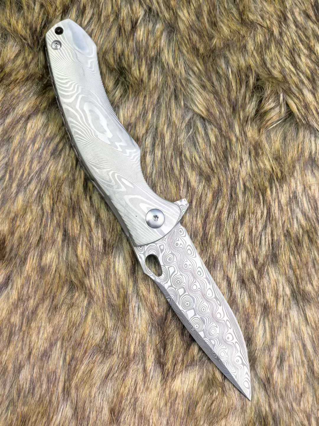 Titanium Rose Pattern Folding Knife Intricately Carved Spine Meticulously Polished Handle Combination