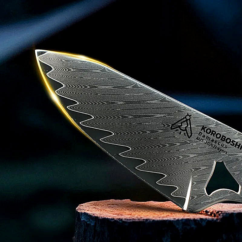 Pluma Damaska Subĉiela Tranĉilo Aus-10 Kerno 67 Tavoloj Triangula Truo Oliva Ligna Tenilo Kanelo kun Leda Ingo