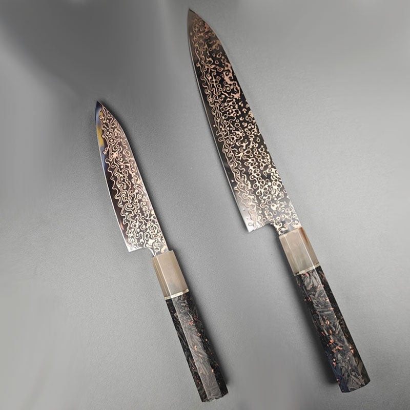 Yuanren Copper Damascus 2PC Knife Set 8.5''Chef 5''Paring Knife 67 Layers