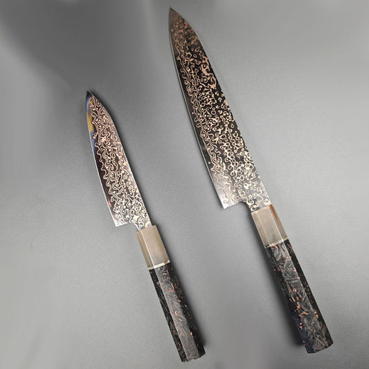 Yuanren Copper Damascus 2PC Knife Set 8.5''Chef 5''Paring Knife 67 Layers
