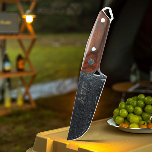 AUS10 Damascus outdoor knife yellow sandalwood handle with knife sheath camping meat cutting multi-function knife