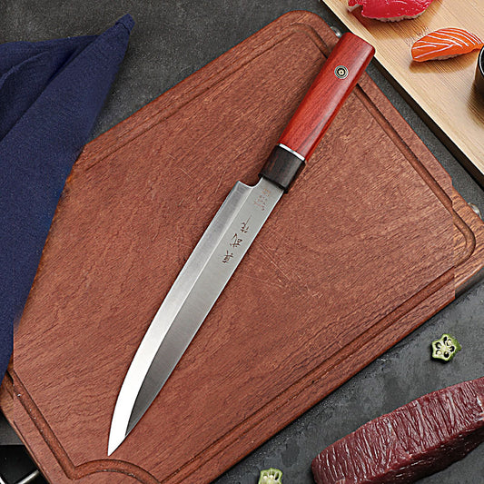 Japanese Yanagiba Sushi Knife Sandvik 14C28N Steel Chisel Ground Fluted Blade Ebony African Sandalwood Handle Gift Box Christmas New Year Gift