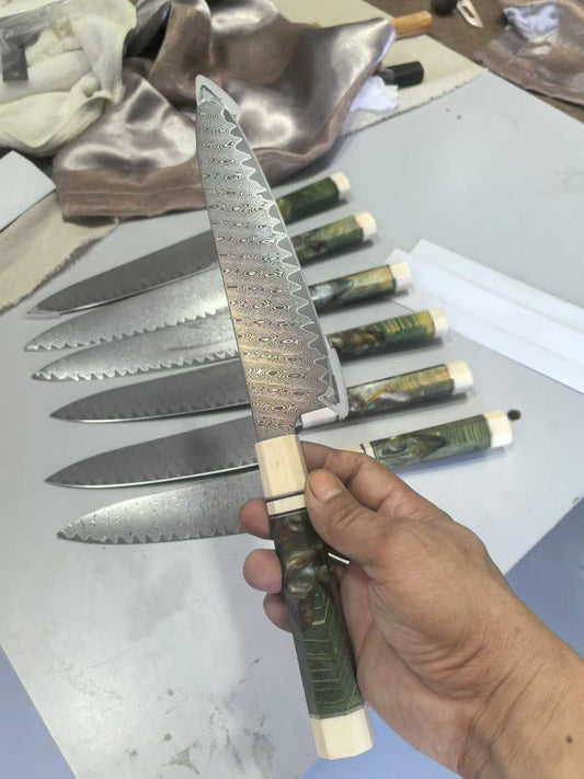 8 inch Chef Knife VG10 Powder Damascus Stabilized Wood Resin Imitated Ivory Combination Handle