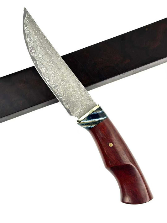 Outdoor Fruit Knife Damascus  Padauk Wood Mammoth Tooth-like Pattern Combination Handle + Hand-Stitched Intricate Carvings Leather Sheath.