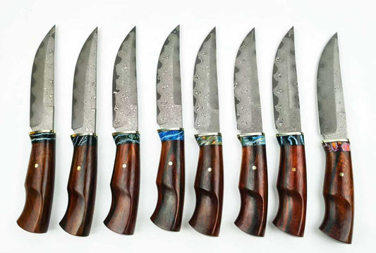 Outdoor Fruit Knife Damascus  Padauk Wood Mammoth Tooth-like Pattern Combination Handle + Hand-Stitched Intricate Carvings Leather Sheath.