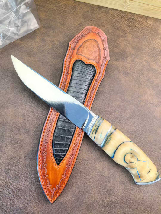 DESIGNER'S PIECE Austrian M390 Blade Mam*oth Tooth Fine-Finished Handle+Hand-Carved Floral Embroidery Leather Cover