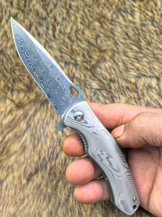 Titanium Rose Pattern Folding Knife Intricately Carved Spine Meticulously Polished Handle Combination