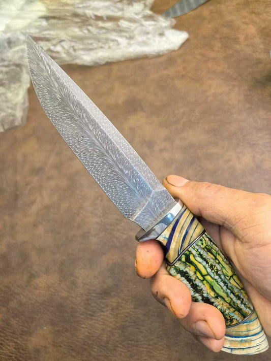Swedish Steel Forged Feather Pattern Finely Ground Handle Combination of Mammoth Tooth Fossil + Hand-Stitched into a First-Layer Cowhide Case