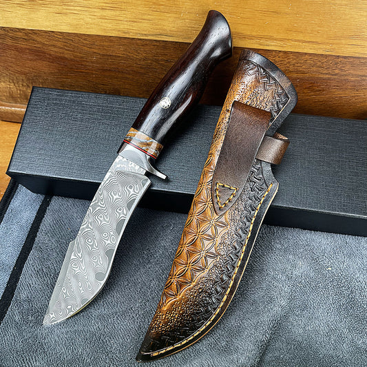 [Customized] 67 layer-Damascus Outdoor Knife with Groove Rosewood Handle Agate Ring Cupronickel Bolster Mosaic Pin comes with a Real Cowhide Sheath