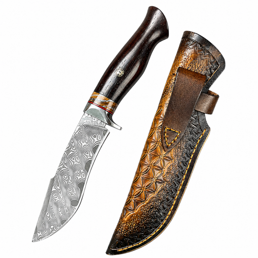 [Customized] 67 layer-Damascus Outdoor Knife with Groove Rosewood Handle Agate Ring Cupronickel Bolster Mosaic Pin comes with a Real Cowhide Sheath