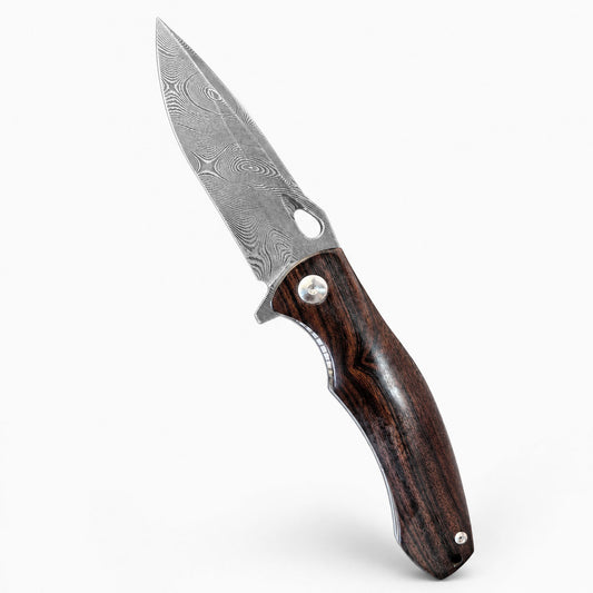 Forged Thousand-Layer Steel Foldable Knife: Swedish Steel Titanium Backbone with Carved Floral Design Fine-Polished Handle Combination of Desert Ironwood Hand-Stitched Leather Sheath