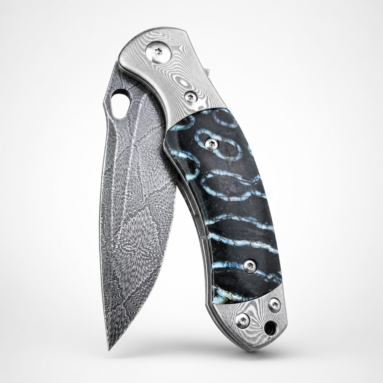 Swedish Steel Forged with Sakura pattern Handle Combination Made from Hardened and Finely Ground Mammoth Teeth from Approximately 5000 Years Ago Hand-Stitched Leather Sheath