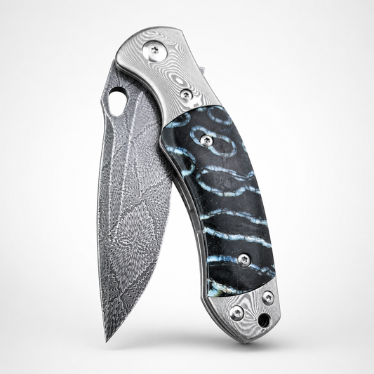 Swedish Steel Forged with Sakura pattern Handle Combination Made from Hardened and Finely Ground Mammoth Teeth from Approximately 5000 Years Ago Hand-Stitched Leather Sheath