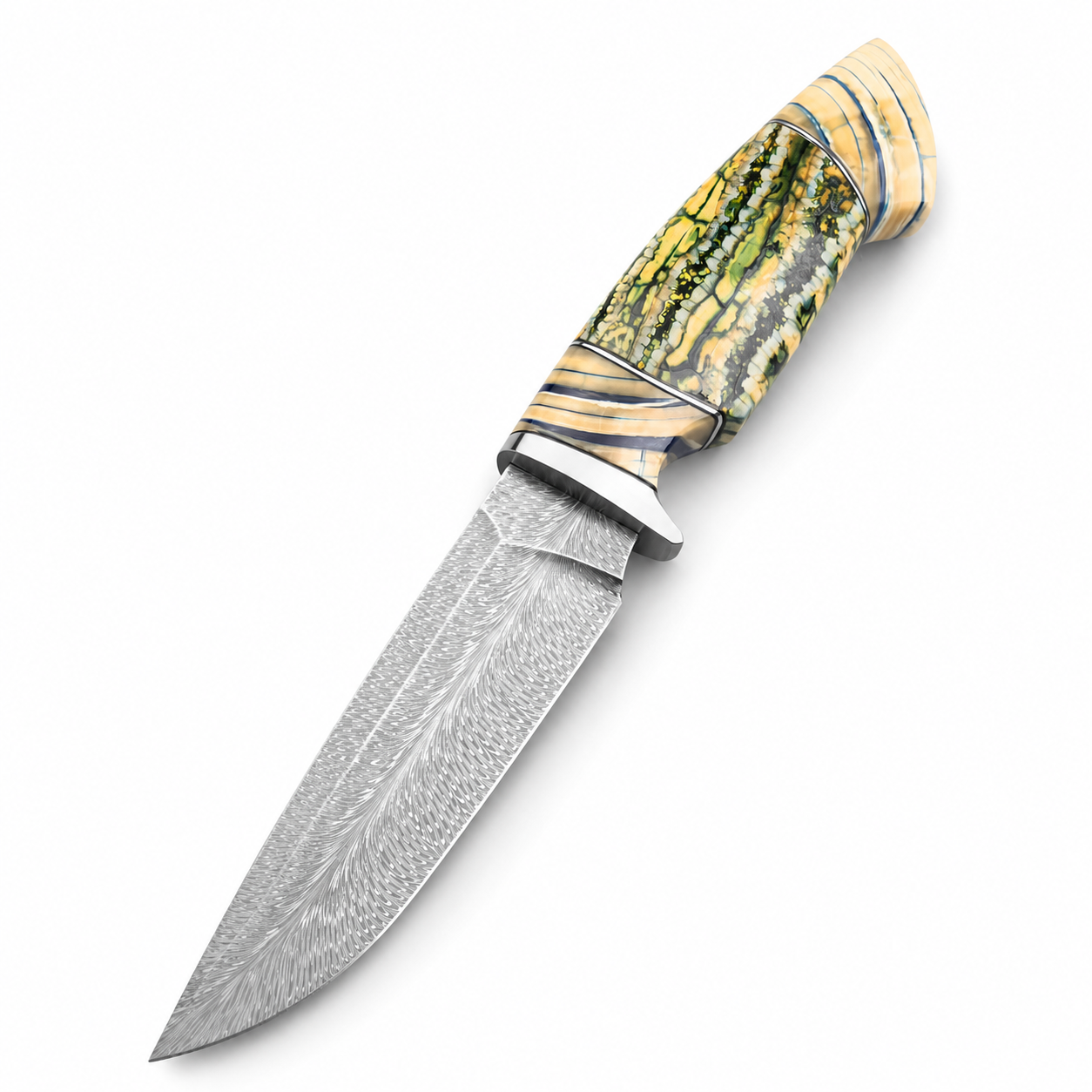 Swedish Steel Forged Feather Pattern Finely Ground Handle Combination of Mammoth Tooth Fossil + Hand-Stitched into a First-Layer Cowhide Case