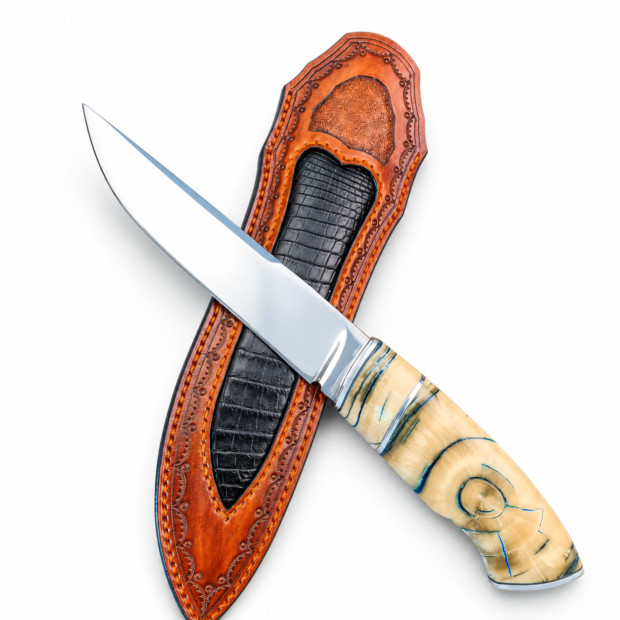 DESIGNER'S PIECE Austrian M390 Blade Mam*oth Tooth Fine-Finished Handle+Hand-Carved Floral Embroidery Leather Cover