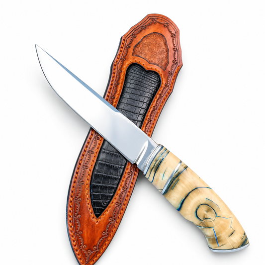 DESIGNER'S PIECE Austrian M390 Blade Mam*oth Tooth Fine-Finished Handle+Hand-Carved Floral Embroidery Leather Cover